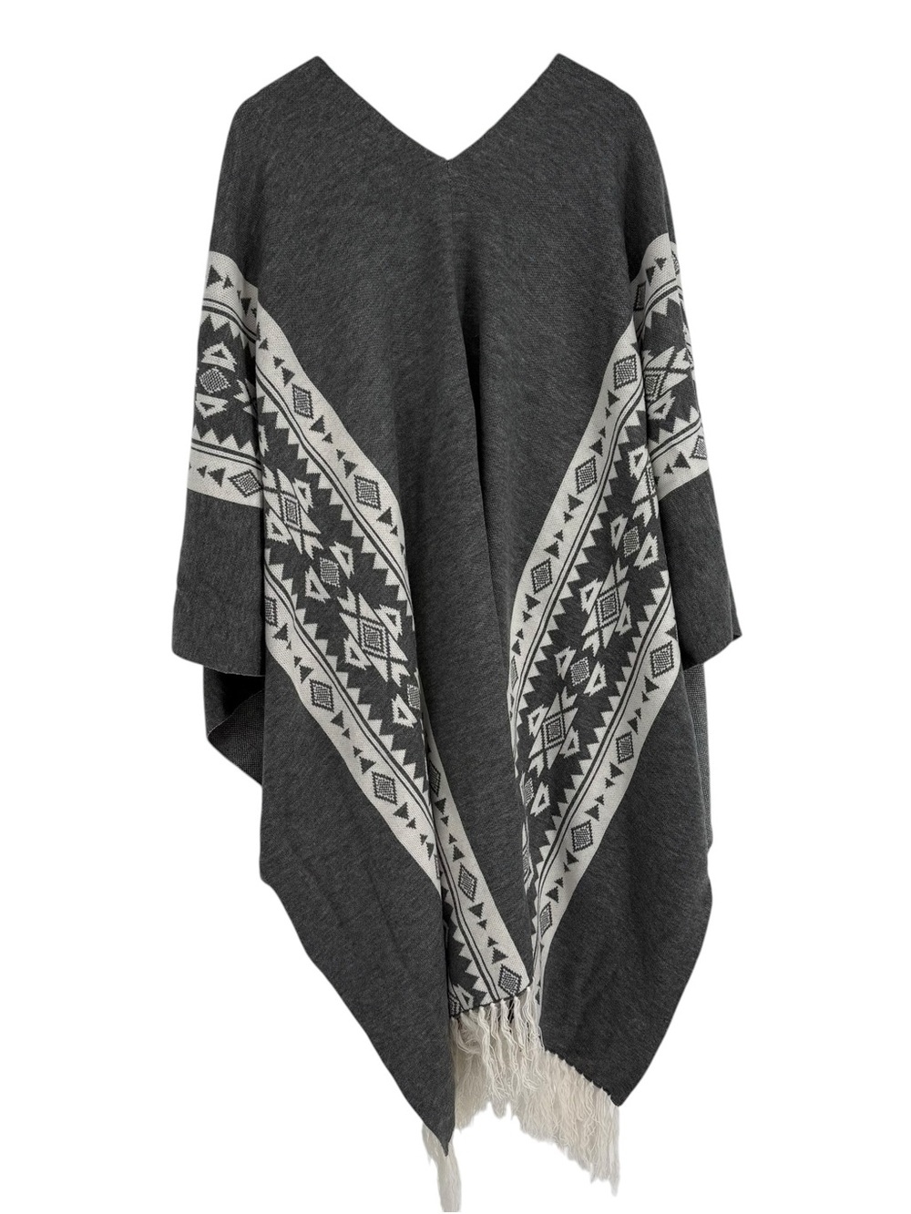 PATRICIA NASH Fringe Shawl Gray /cream Poncho Ruana Southwestern One Size